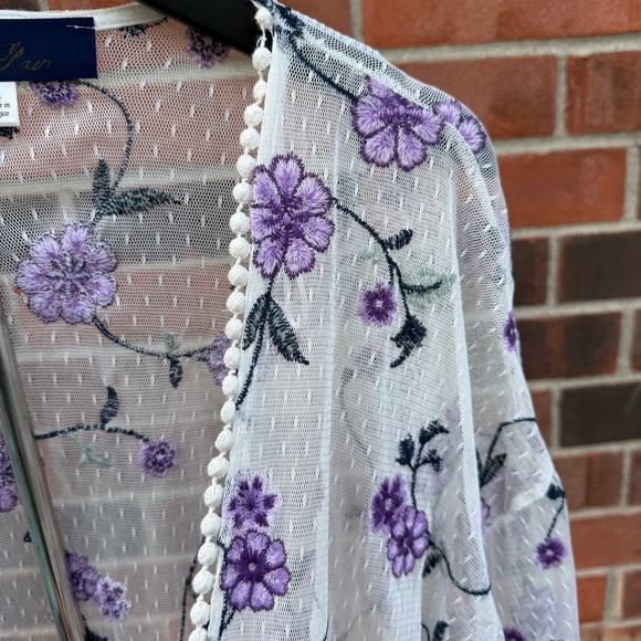 Blue Rain Sheer Kimono with Purple Floral Embroidery - Picture 5 of 7